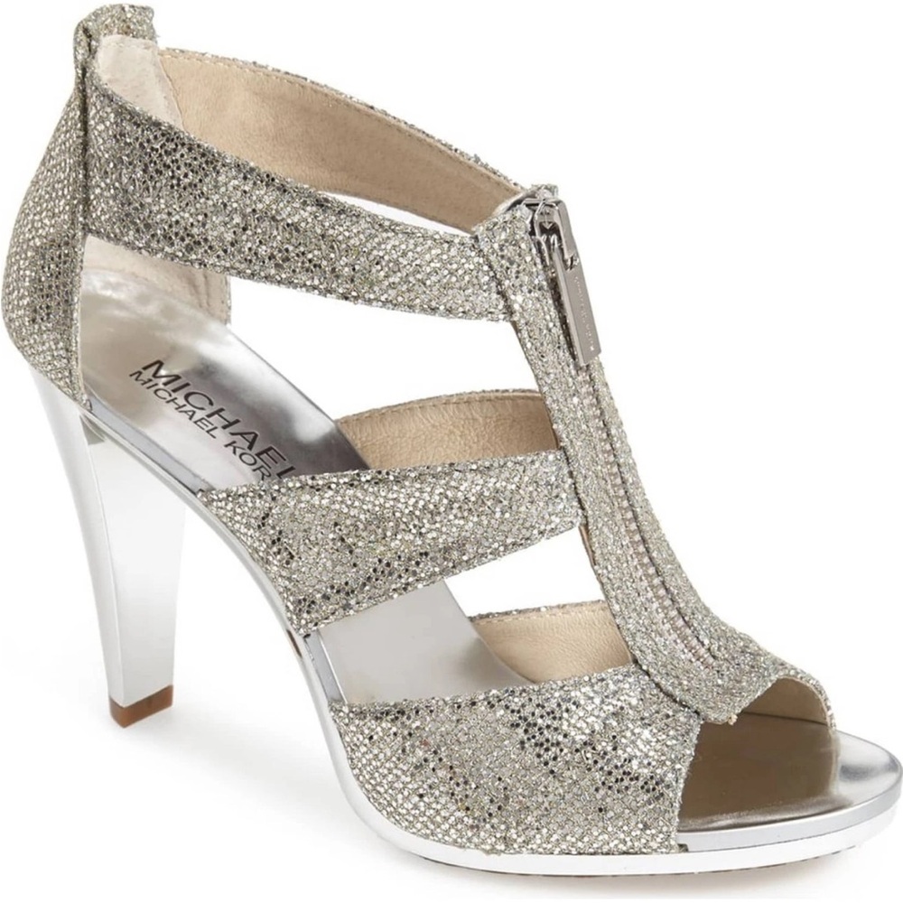 Michael Kors Berkley T-Strap Glitter Silver Size‎ 8.5 B56